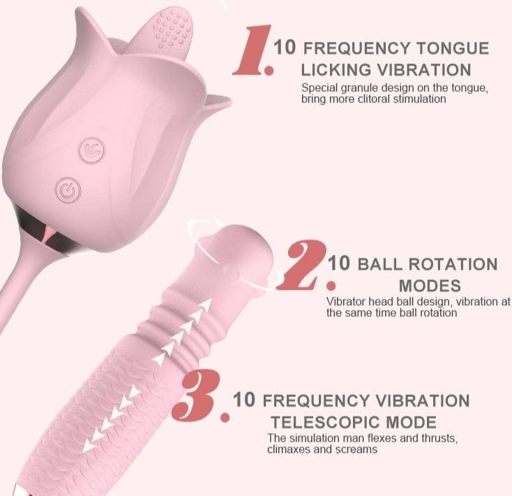 Hapmen - 3-in-1 Blooming Sexy Pink Rose Toy Rotating Pearls Telescopic Tongue-licking Vibrator